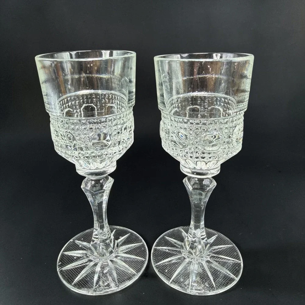 Antique Clear Pressed Glass Cordial Cups Thumbprint Starburst Base Set of 2 VTG